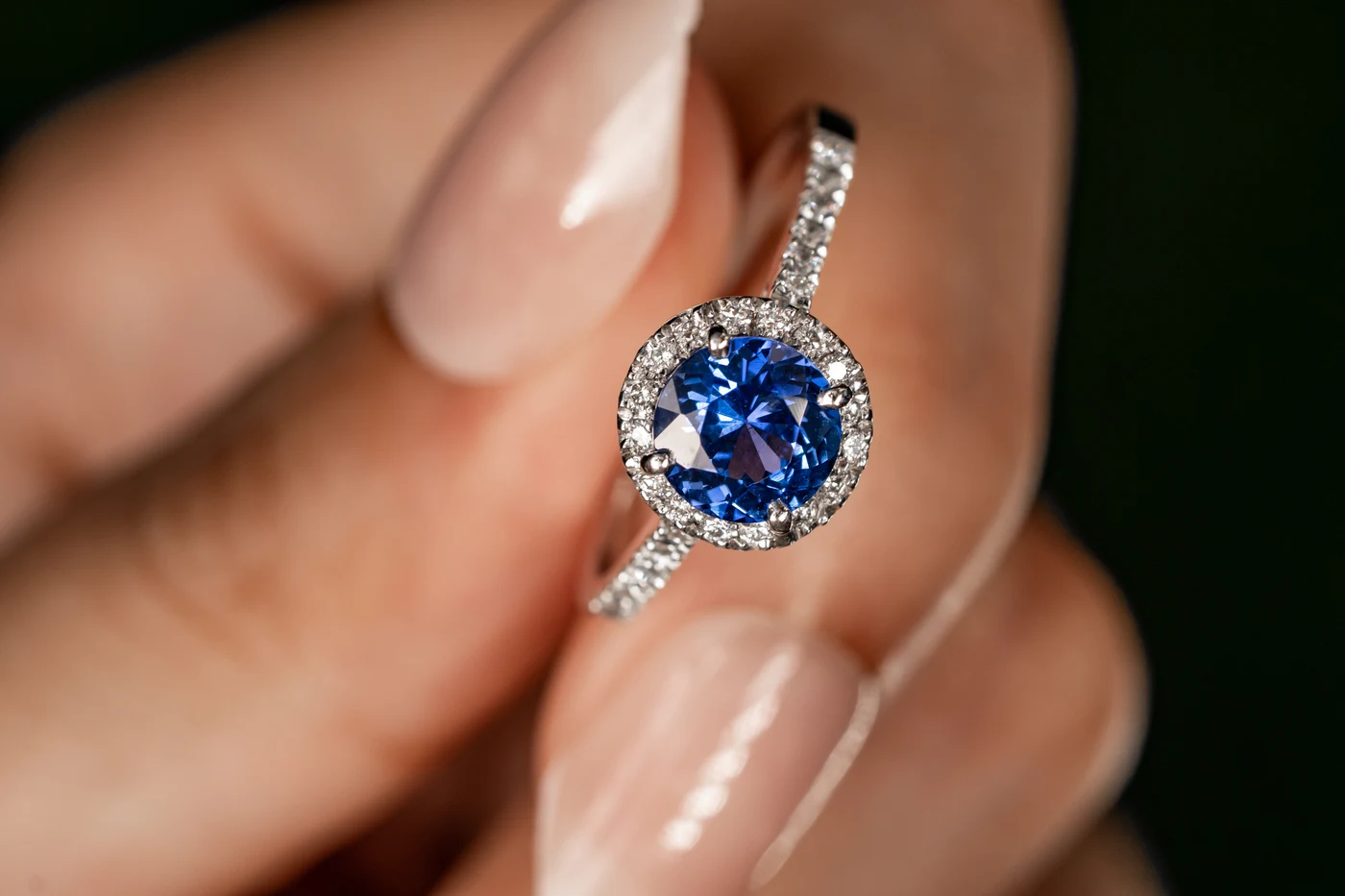 Close-up of a round blue sapphire with a diamond halo in white gold